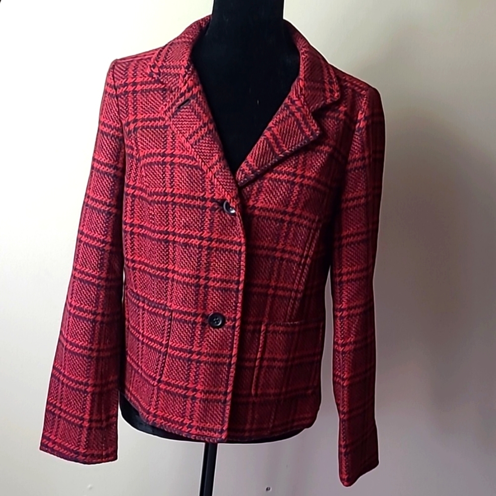 Talbots Plaid Houndstooth Red and Black Unstructured Wool Jacket S 10 p